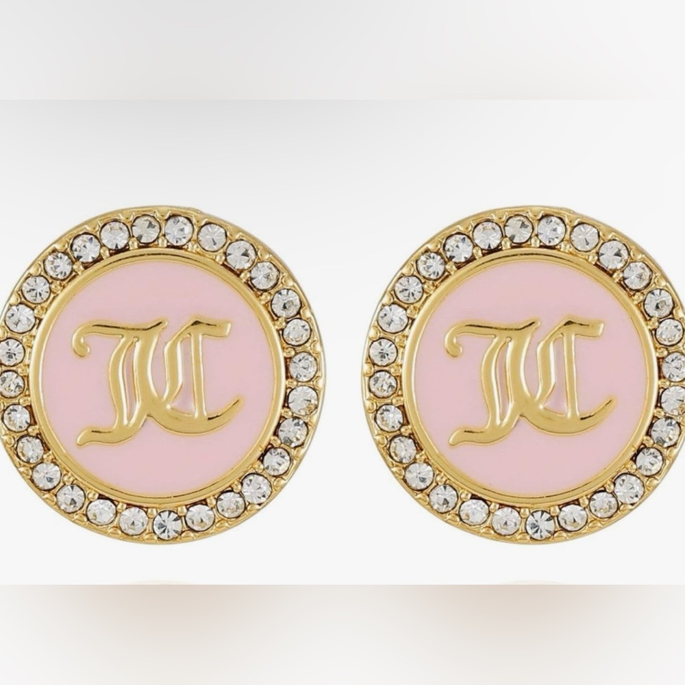 ❤️Juicy Couture Goldtone& Pave Crystal Glass Stone Pink Circle Stud Earrings